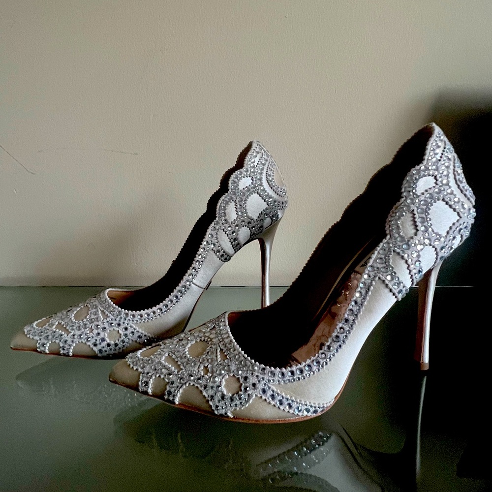 Badgley Mischka Rouge Embellished Satin Heels - Size 7